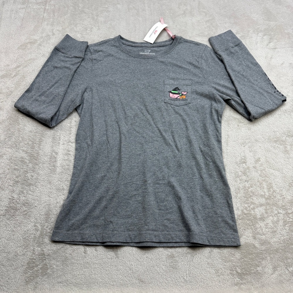 Vineyard Vines Pocket Tee Women XS Gray Halloween Witch Whale Long Sleeve Preppy